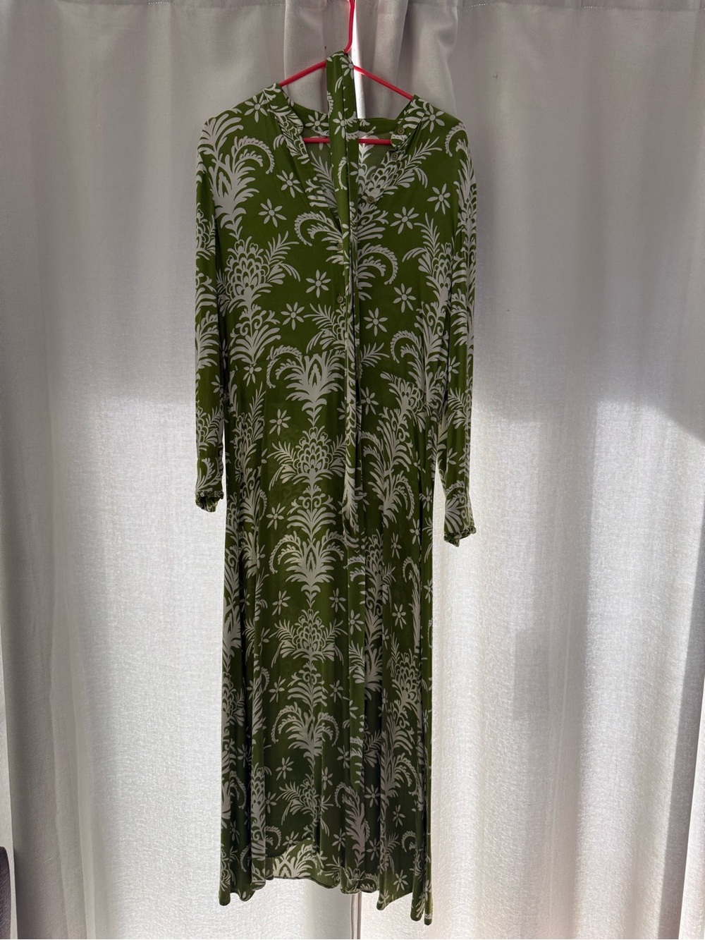 Zara Olive Green and White Long-Sleeve Maxi Dress